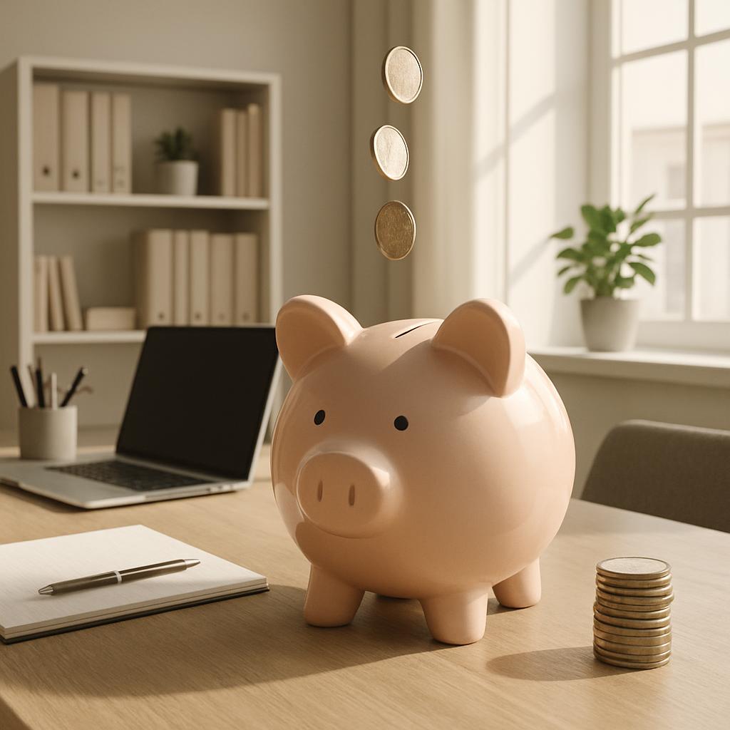 A piggy bank sits on a desk, with coins floating around it, surrounded by office supplies.