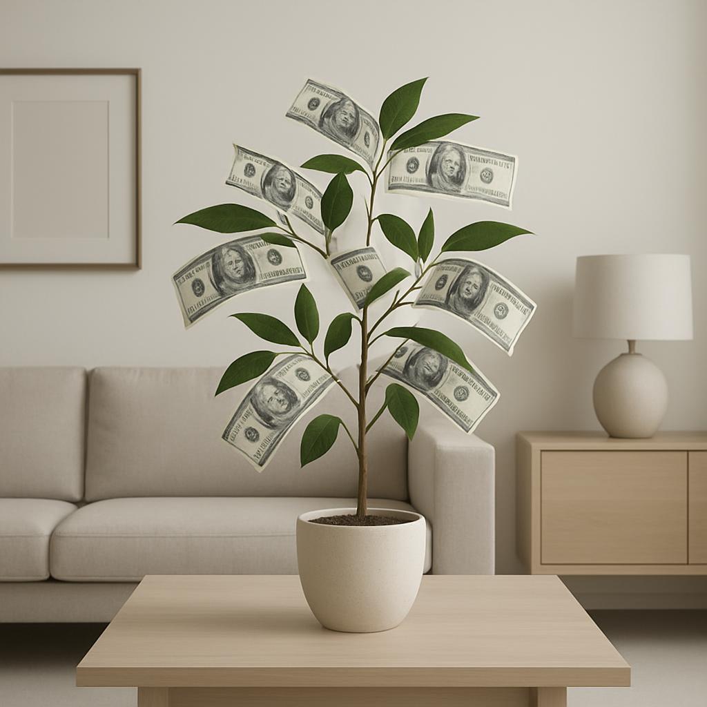 A small potted plant with dollar bills attached to it, placed on a coffee table in a living room setting.