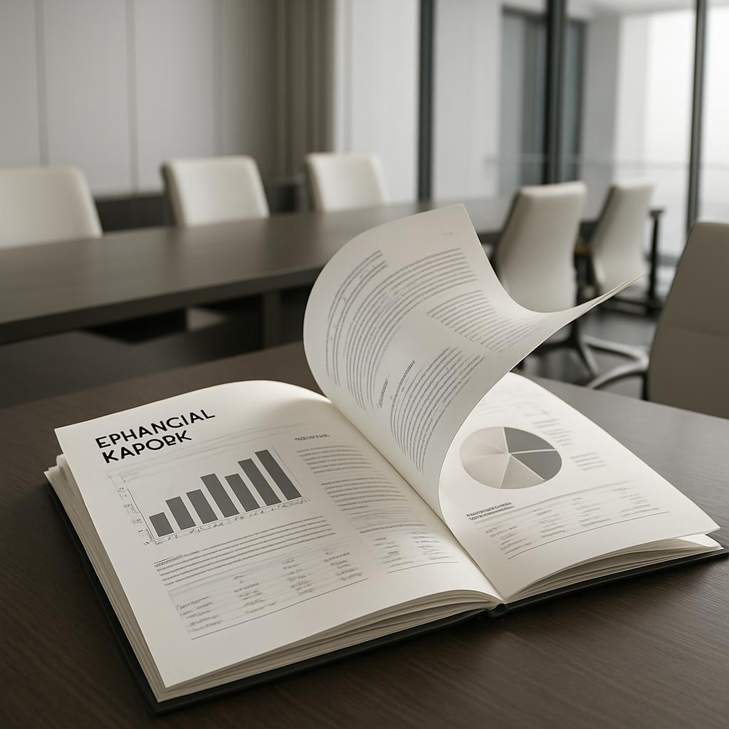 An office setting with a dark wood table, an open book displaying financial graphs, and a conference room chair in the bac...